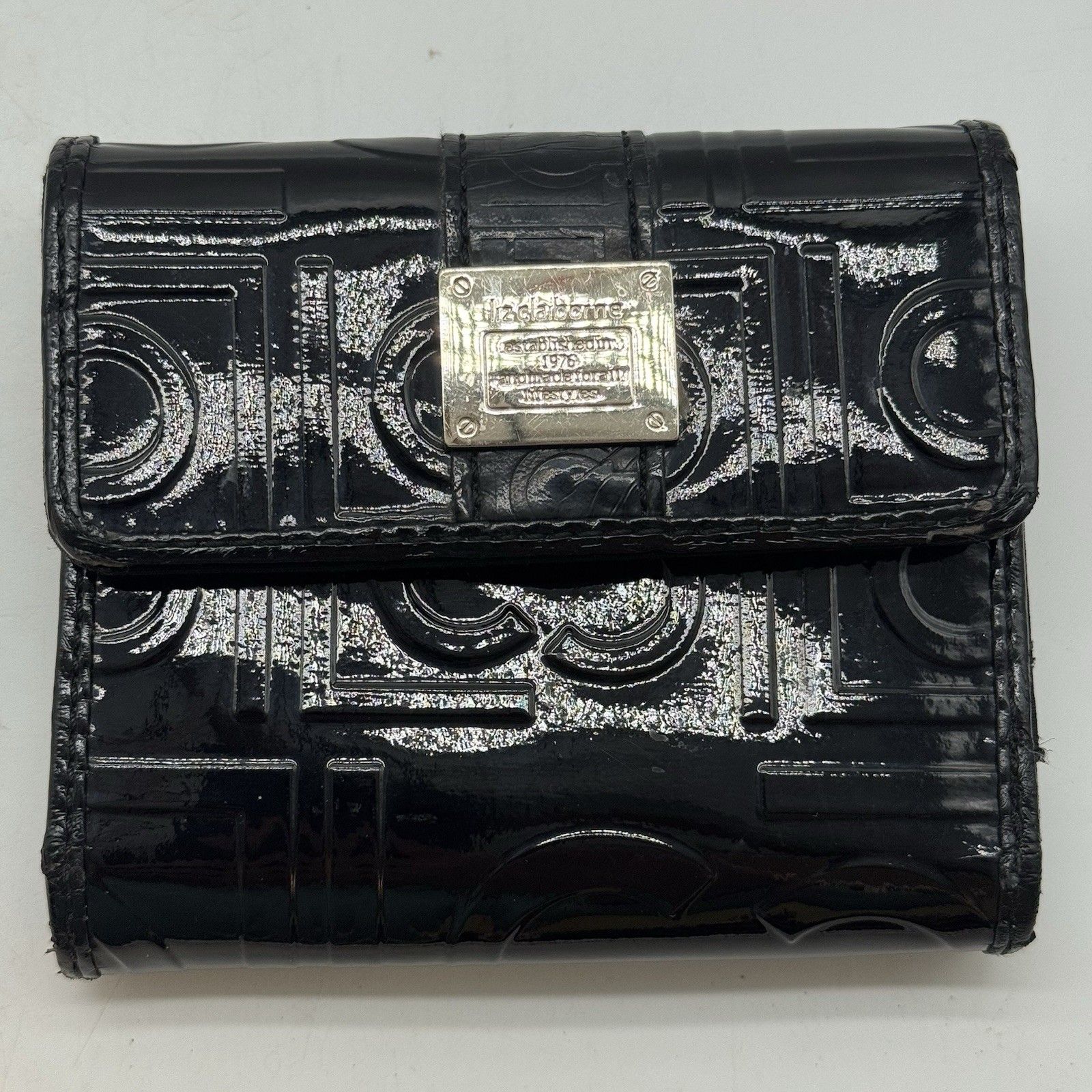Liz Claiborne Black Patent Leather Trifold Logo Wallet Id Cc Cash Coin Organizer